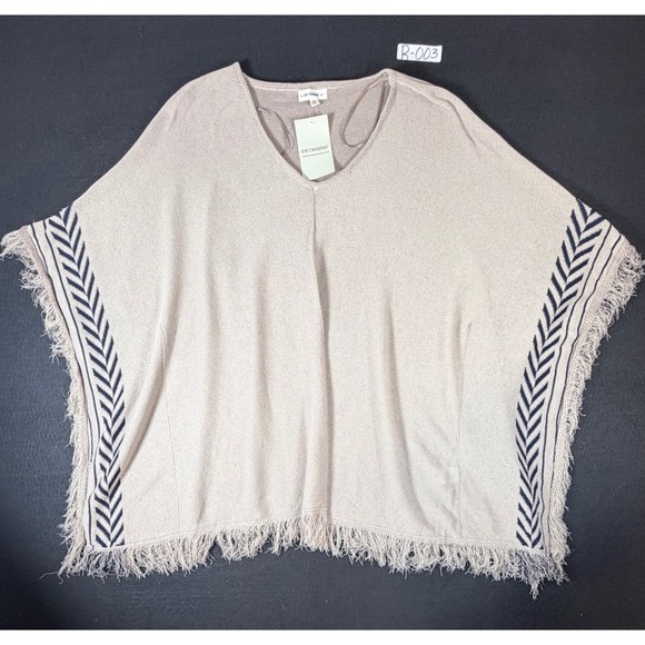 ee:some Sweaters - Ee:some Women Tan Knit Fringe Poncho V-Neck Chevron Trim Top SJG6260 SM